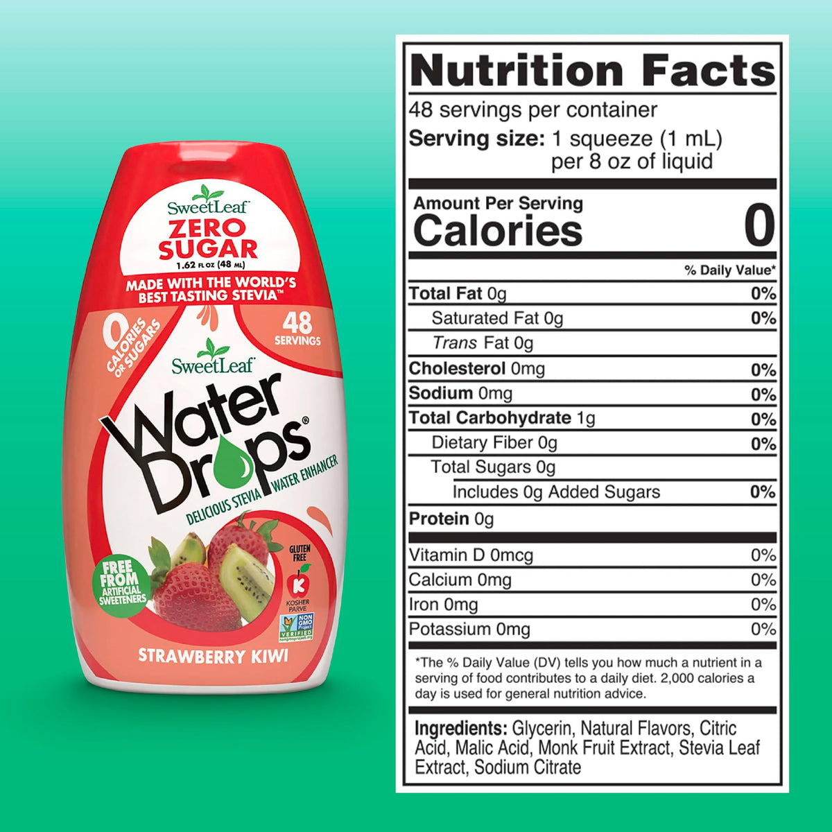 SweetLeaf Water Drops strawberry kiwi pour demonstrates easy-to-use drops for refreshing beverages.