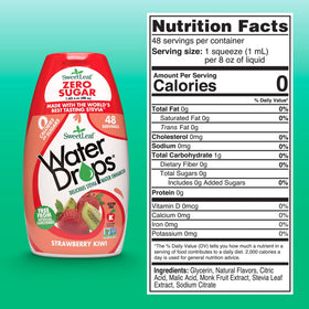 SweetLeaf Water Drops strawberry kiwi pour demonstrates easy-to-use drops for refreshing beverages.