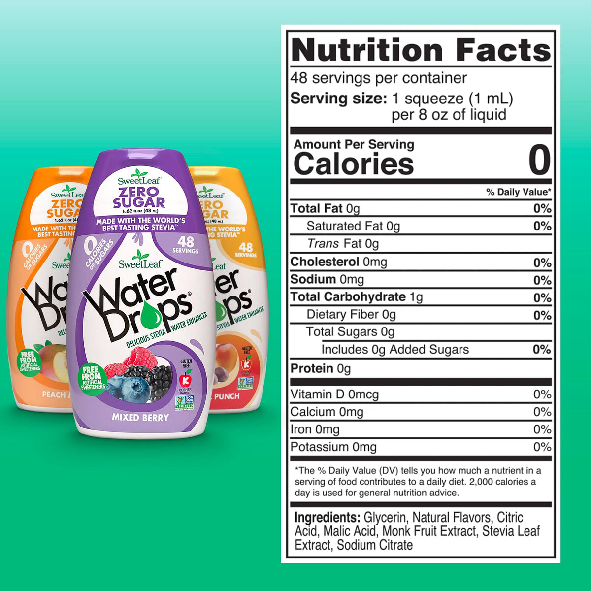 SweetLeaf Water Flavoring Drops bottle closeup highlights monk fruit and stevia.
