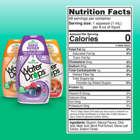 SweetLeaf Water Flavoring Drops bottle closeup highlights monk fruit and stevia.