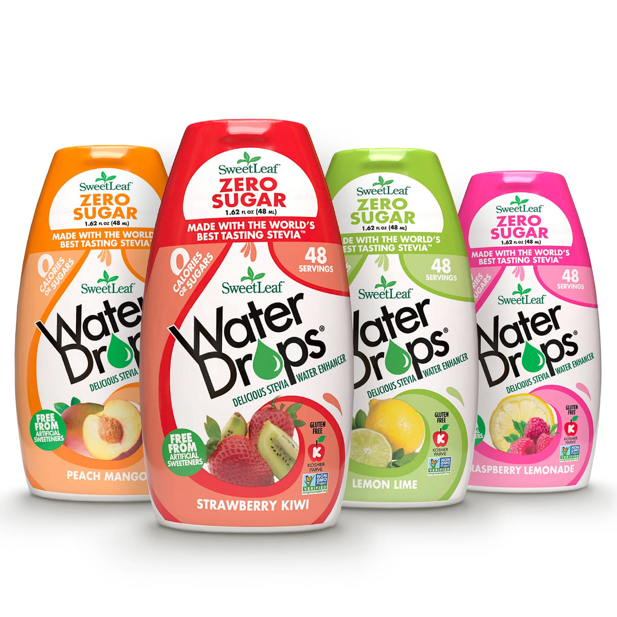 SweetLeaf Water Flavoring Drops bottle front shows zero-calorie flavor options.