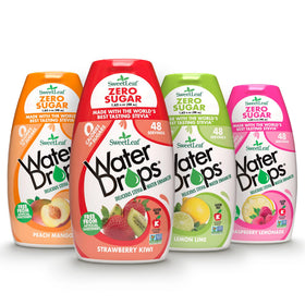 SweetLeaf Water Flavoring Drops bottle front shows zero-calorie flavor options.
