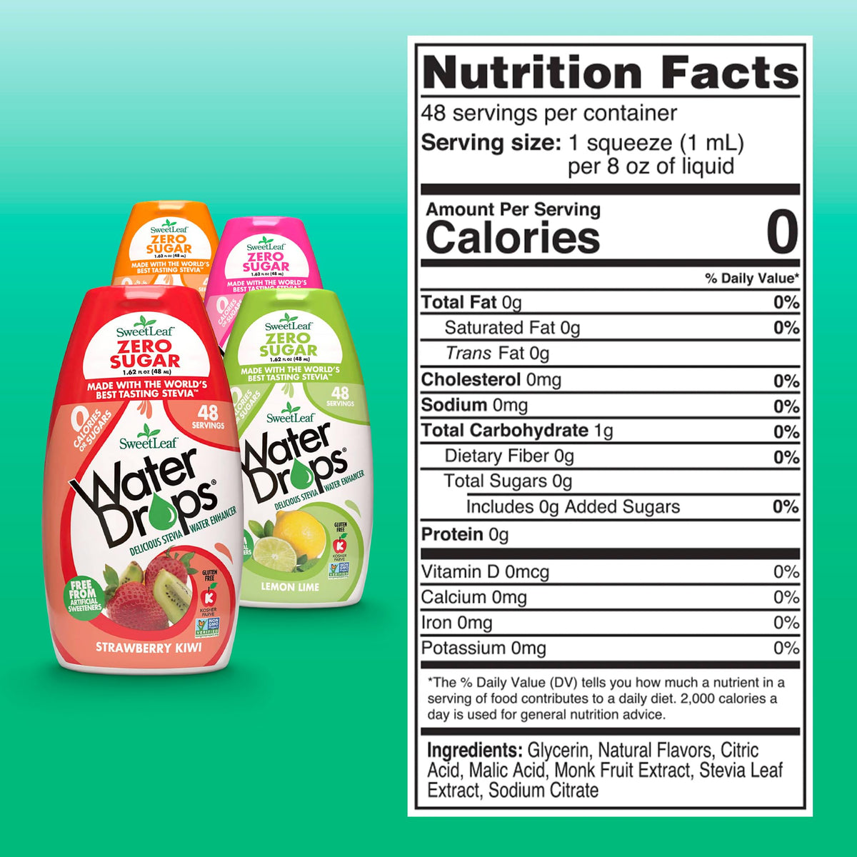 SweetLeaf Water Flavoring Drops being poured into a glass to flavor water.