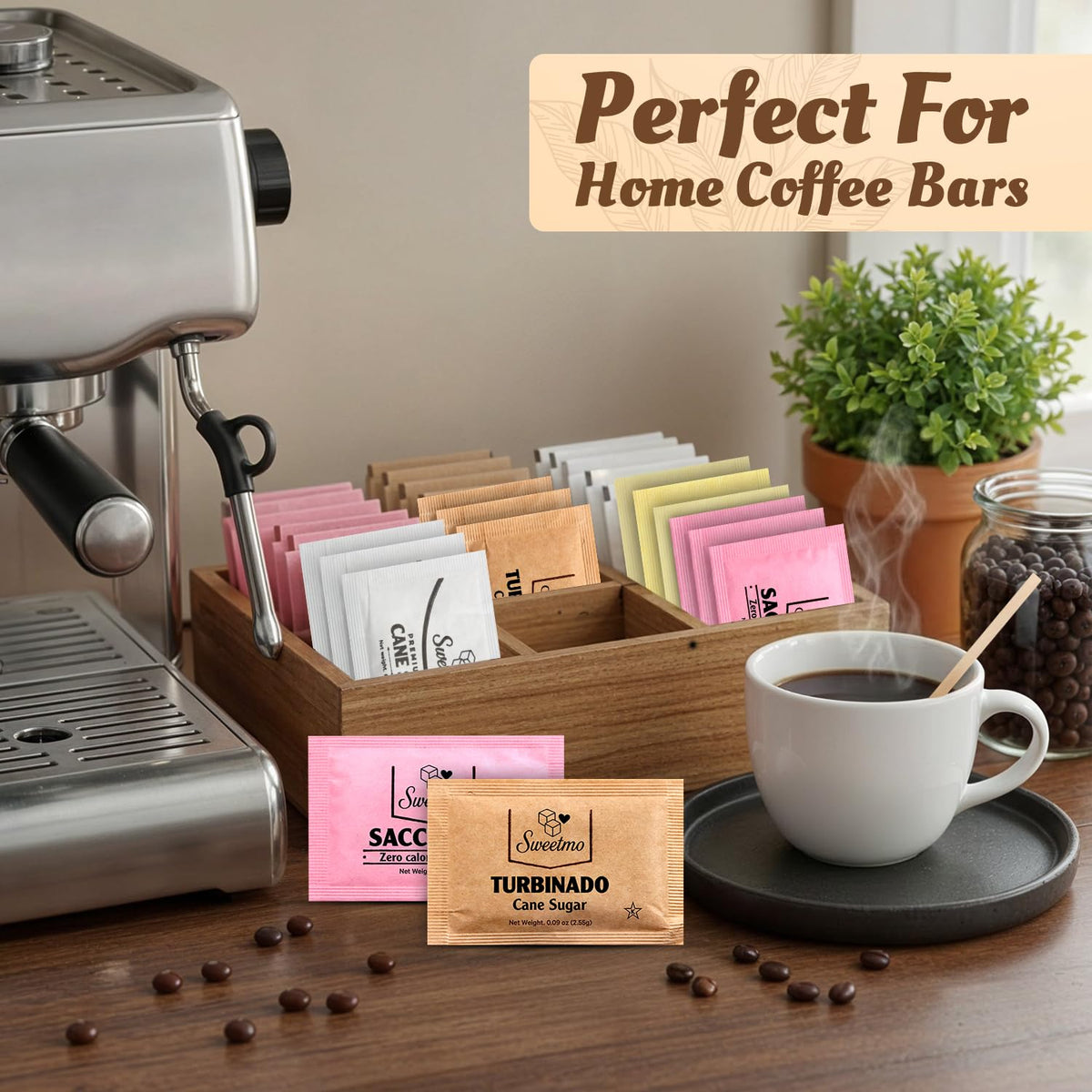 Sweetmo coffee tea station setup featuring varied sweeteners for beveragelike events.