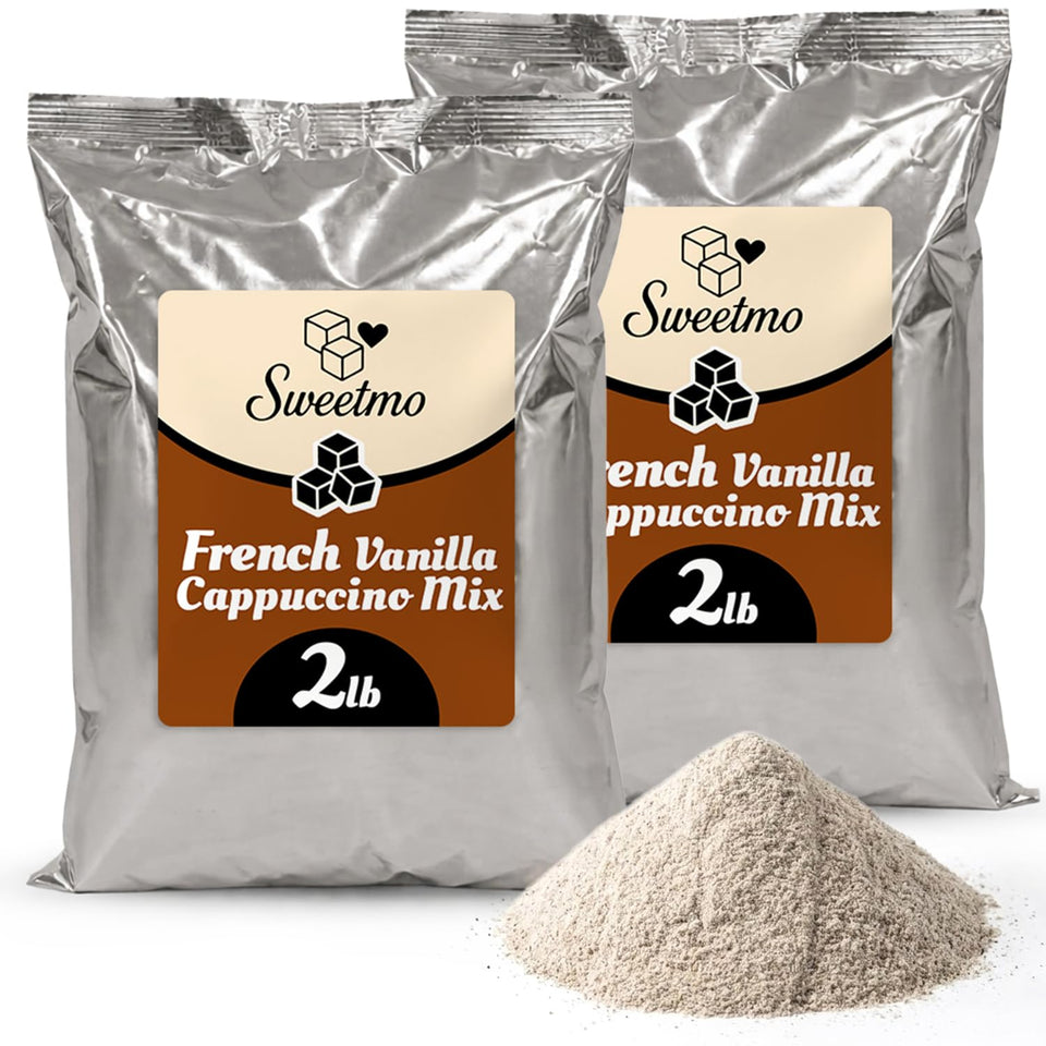 Sweetmo French Vanilla Cappuccino Mix front packaging shows premium, convenient café-style flavor.