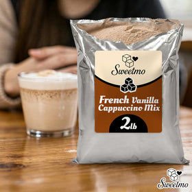 Close-up of Sweetmo French Vanilla Cappuccino Mix powder highlighting smooth texture.