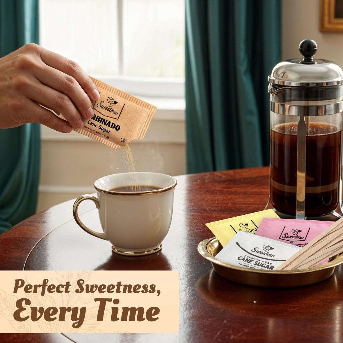 Sweetmo saccharin packets packaging, quick sweetening option for guests and travel.