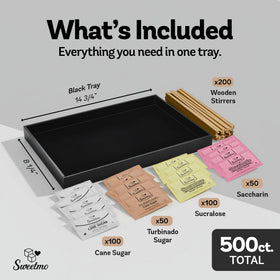 Sweetmo saccharin and turbinado packets neatly arranged on the tray.