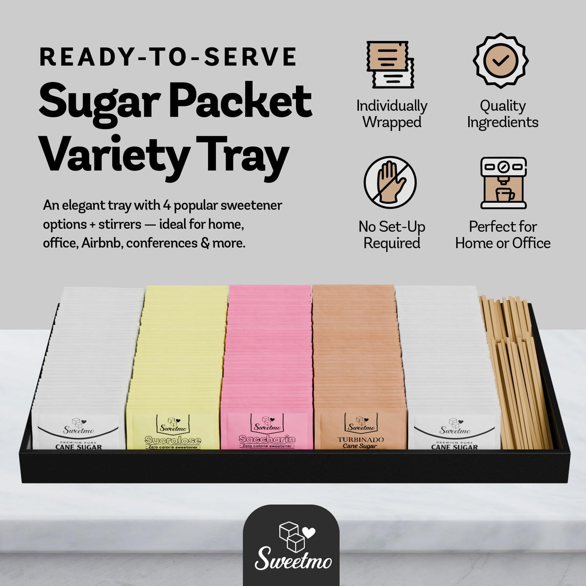 Sweetmo sucralose packets on a display for guest areas and beverages.