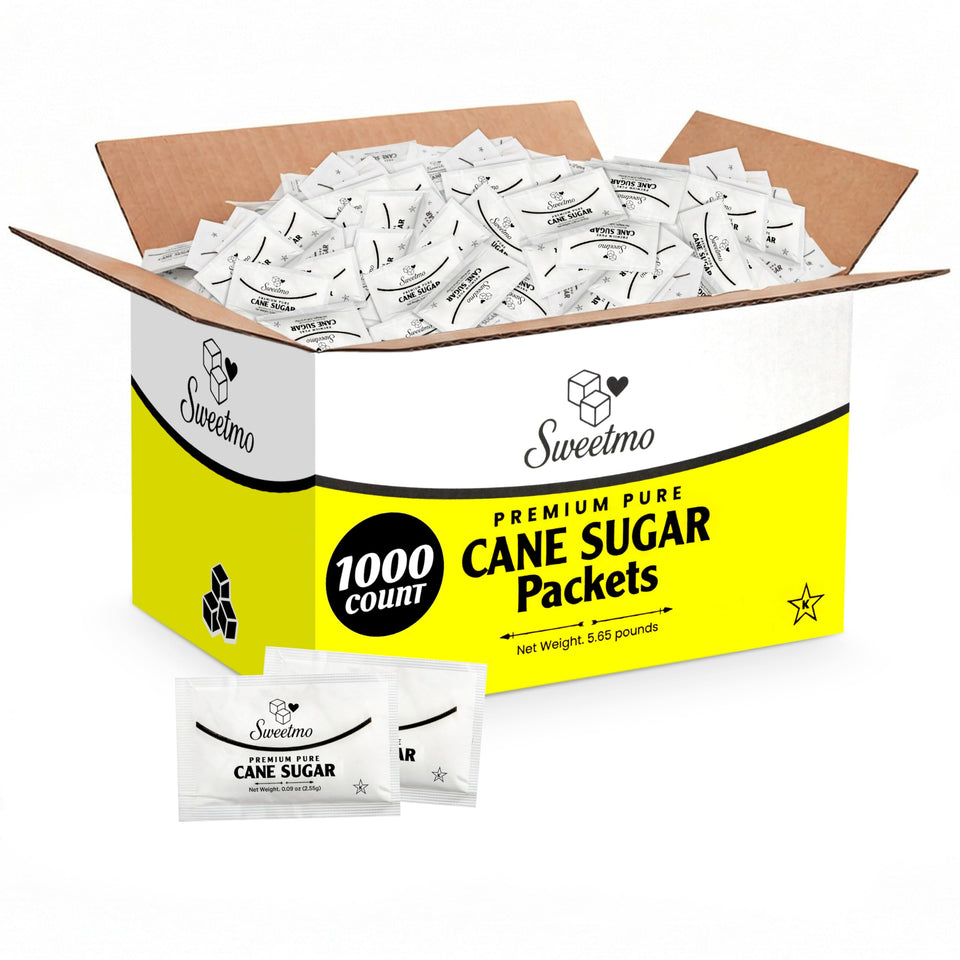 Sweetmo 1000-count bulk sugar packets box for high-volume service.