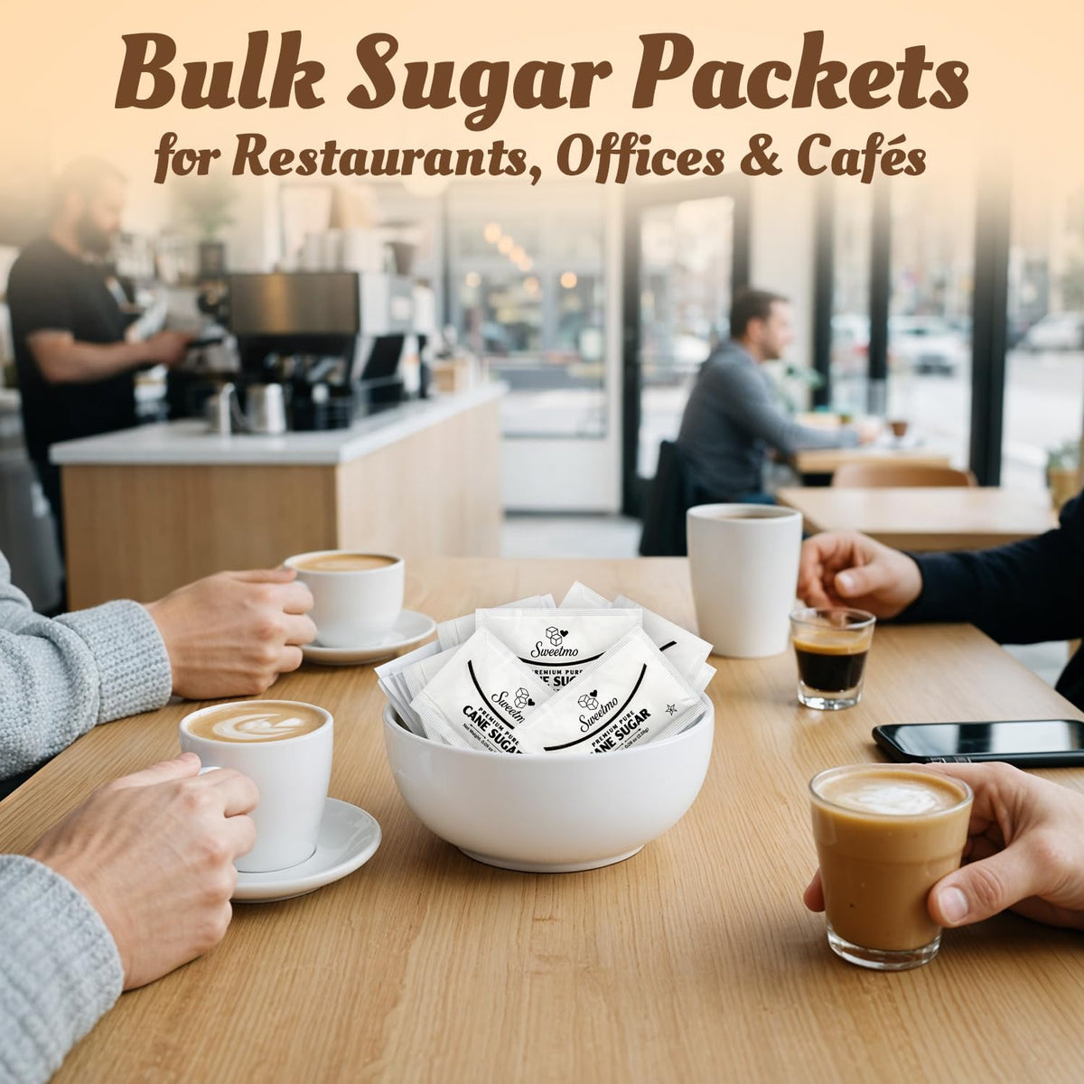 Sweetmo sugar packets dissolve quickly in hot or cold drinks.