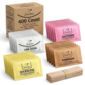Sweetmo Sugar Packets Variety Pack display for homes and offices with multiple sweetener options.
