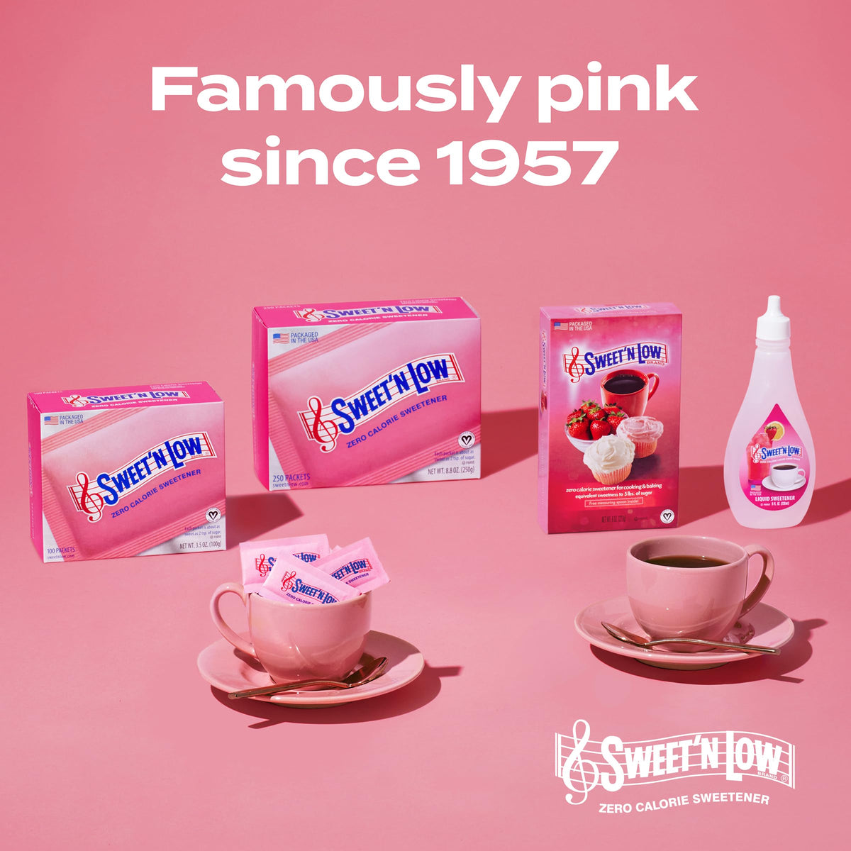 Sweet'N Low liquid sweetener being poured, great for drinks and recipes.