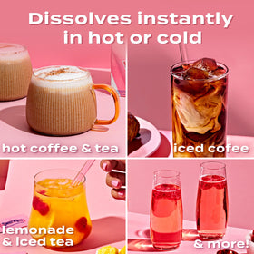 Bottle beside iced tea with strawberry liquid sweetener for refreshing drinks.