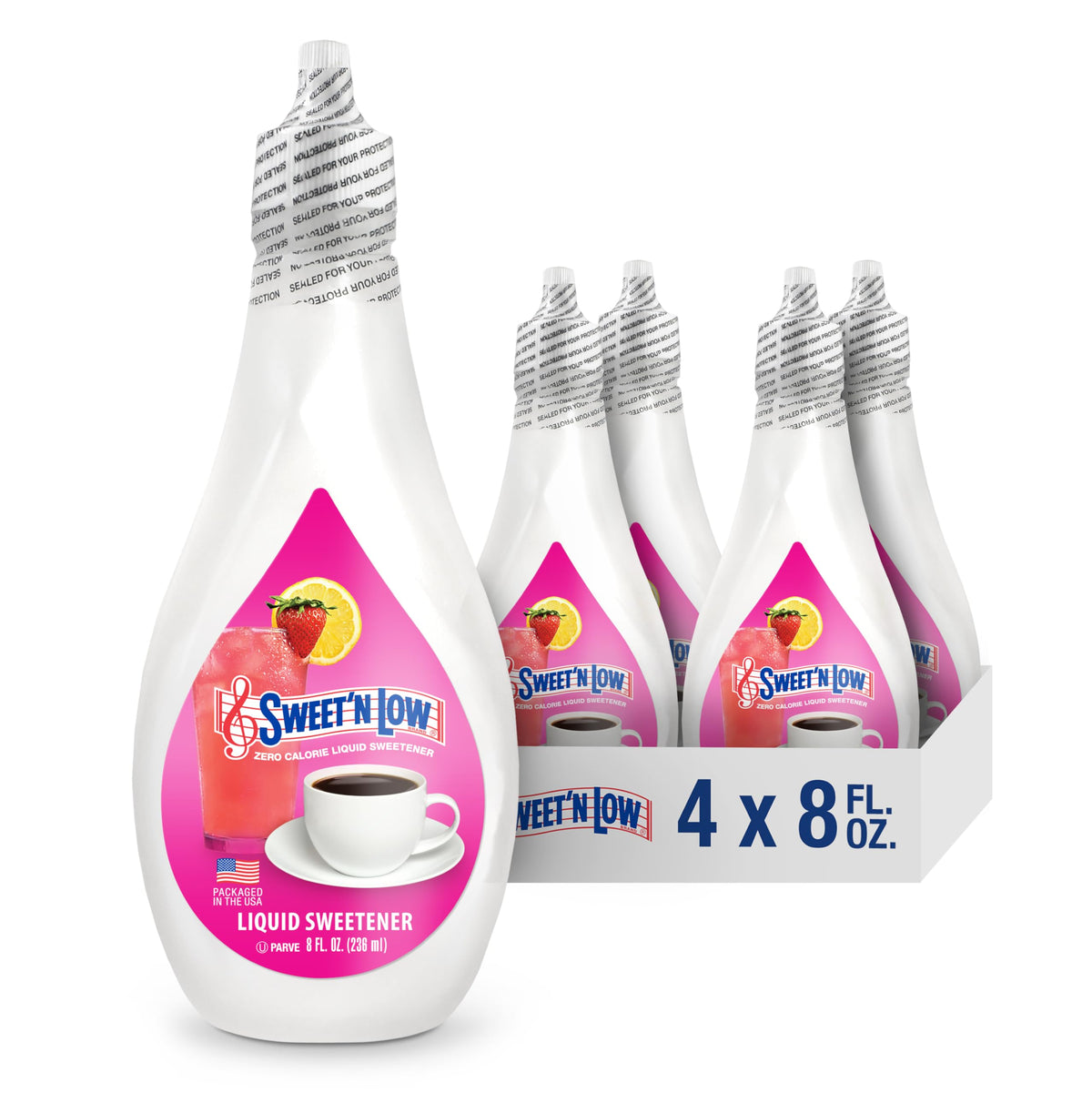 Sweet'N Low strawberry liquid bottle for zero-calorie sweetness in beverages.