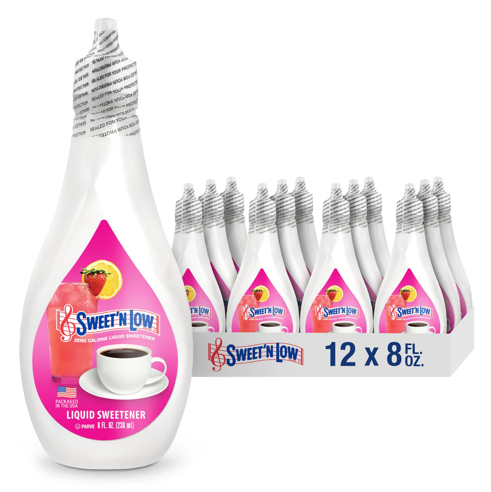 Sweet'N Low zero-calorie bottle standing upright, ready to sweeten beverages.
