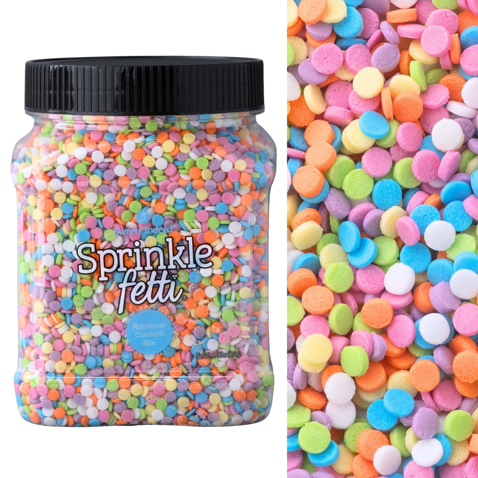 Sweets Indeed rainbow sprinkles tub adds vibrant color to cakes and desserts