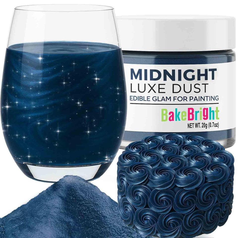 Sweets & Treats Boutique navy blue luster dust adds shimmering color to cocktails and desserts.
