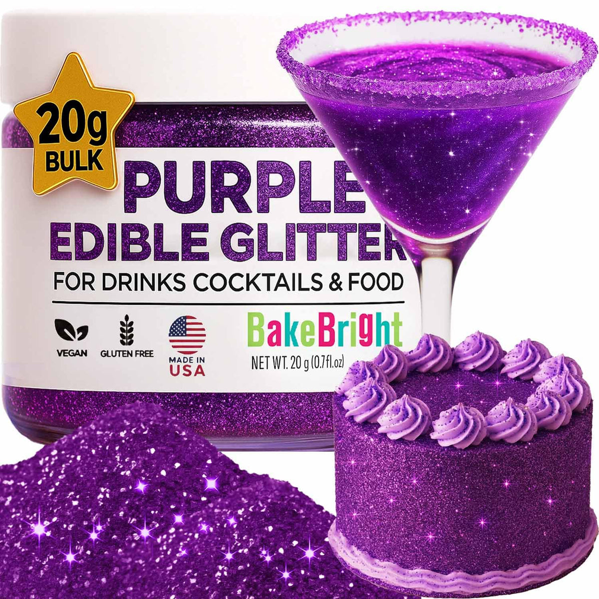 Sweets & Treats Boutique purple edible glitter for drinks adds shimmering color to cocktails