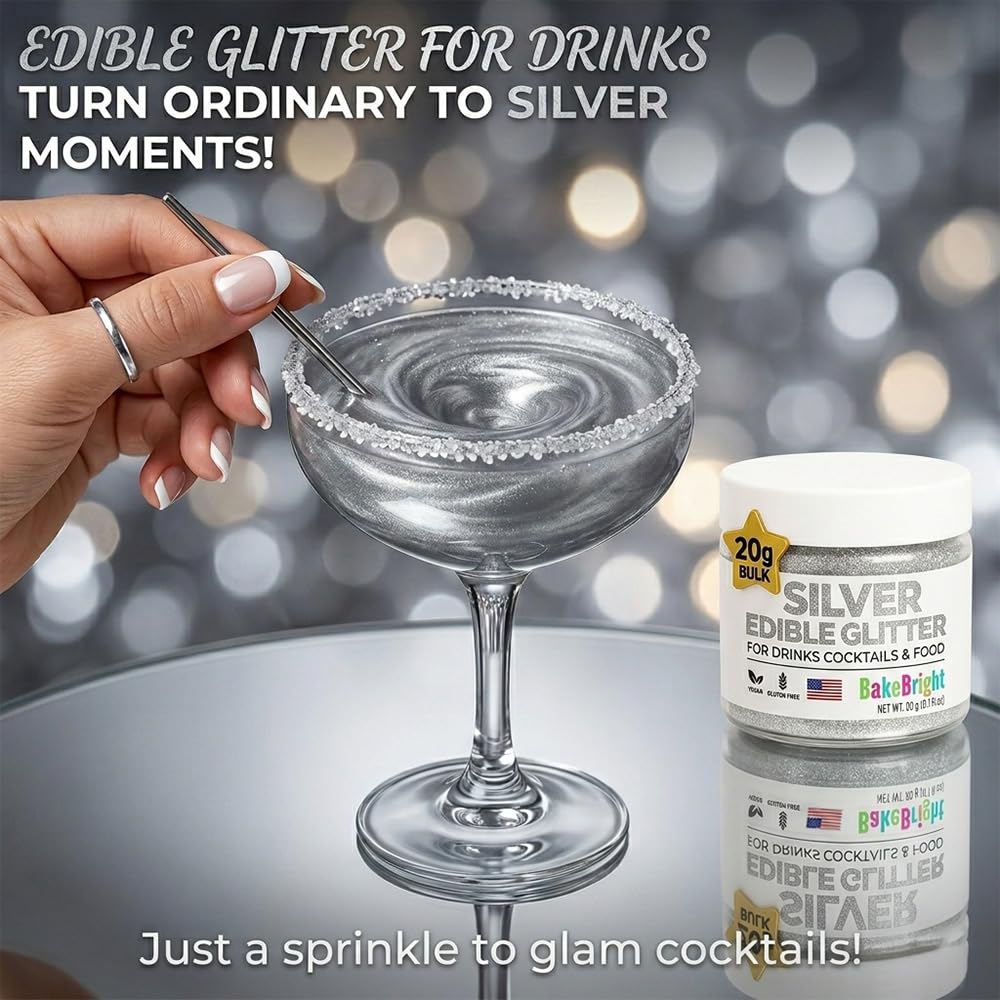 Silver edible glitter for cakes decor provides metallic sparkle for desserts