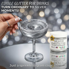 Silver edible glitter for cakes decor provides metallic sparkle for desserts