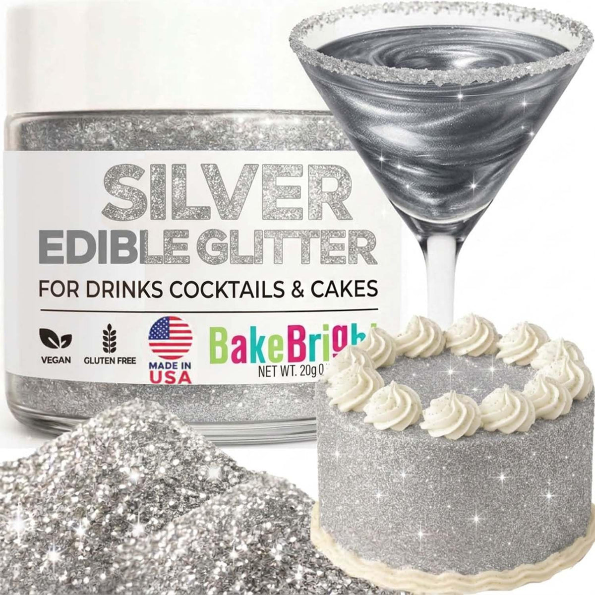 Sweets & Treats Boutique silver edible glitter on drink pour adds shimmering color to cocktails