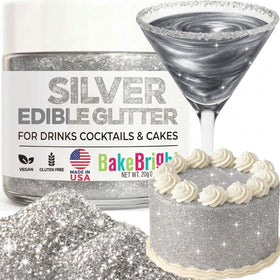 Sweets & Treats Boutique silver edible glitter on drink pour adds shimmering color to cocktails