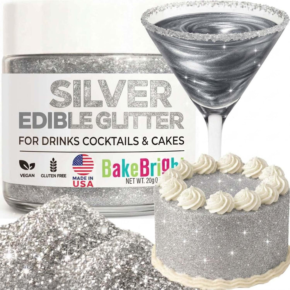 Sweets & Treats Boutique silver edible glitter on drink pour adds shimmering color to cocktails