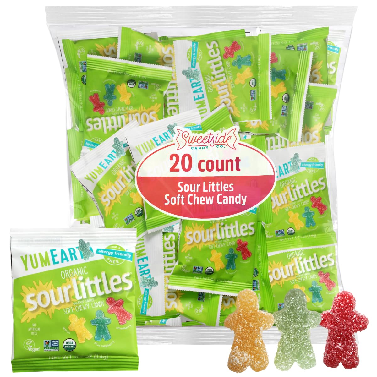 SWEETSIDE Organic Sour Littles bag front view showing tangy flavor variety for movie nights