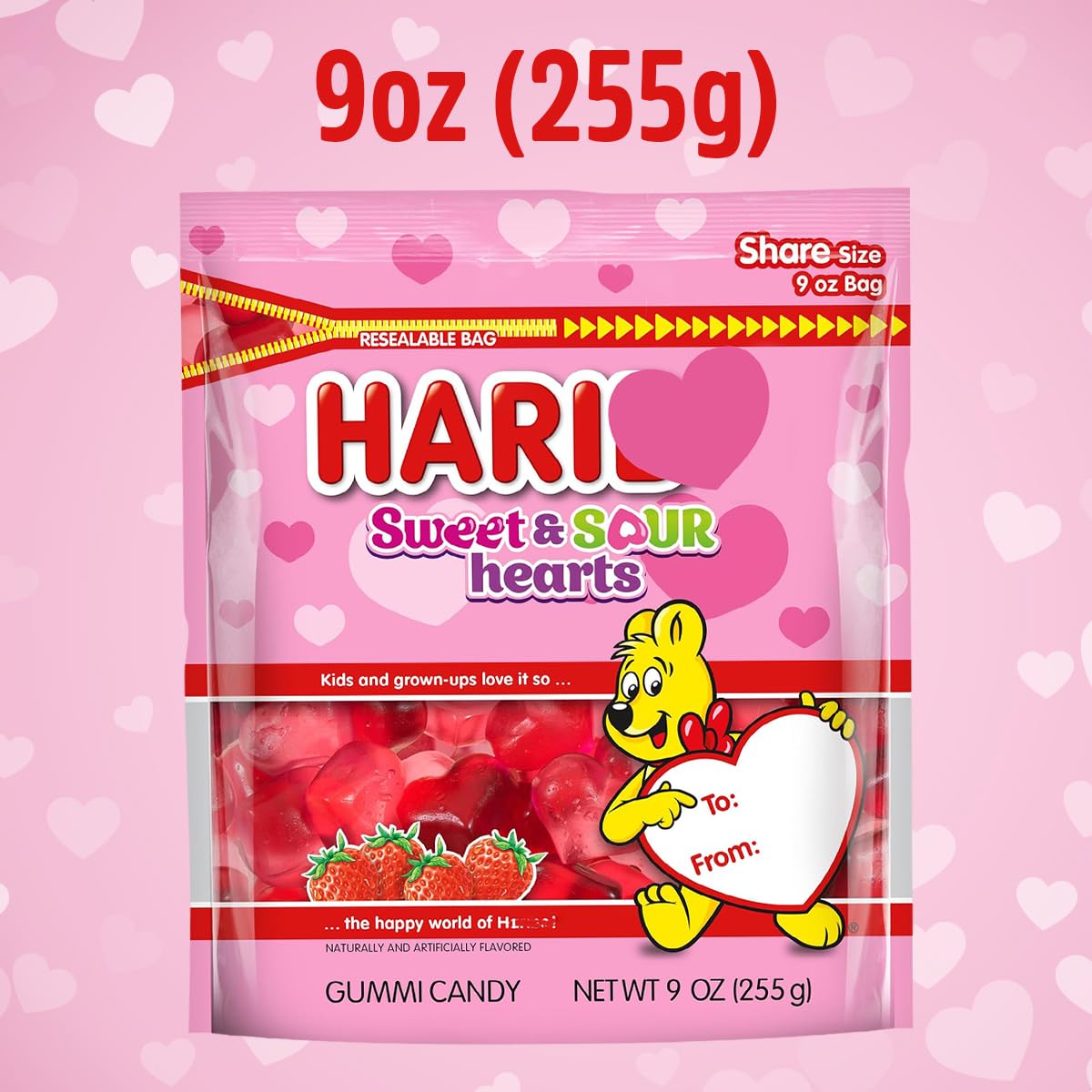 SWEETSIDE CANDY CO. Strawberry-flavored gummy hearts close-up, a fruity Valentine treat.