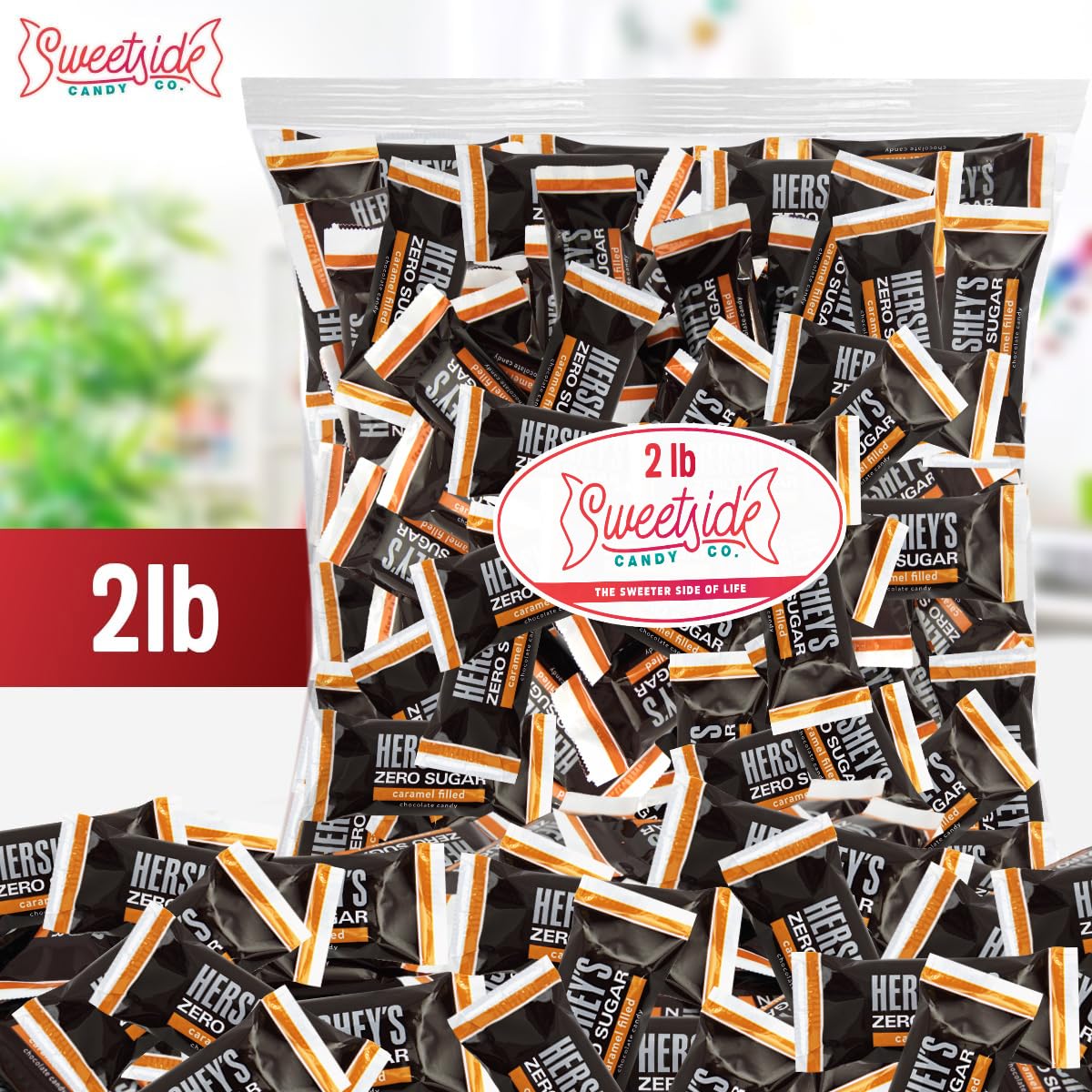 SWEETSIDE CANDY CO Zero Sugar Chocolate closeup reveals creamy caramel center without added sugar.