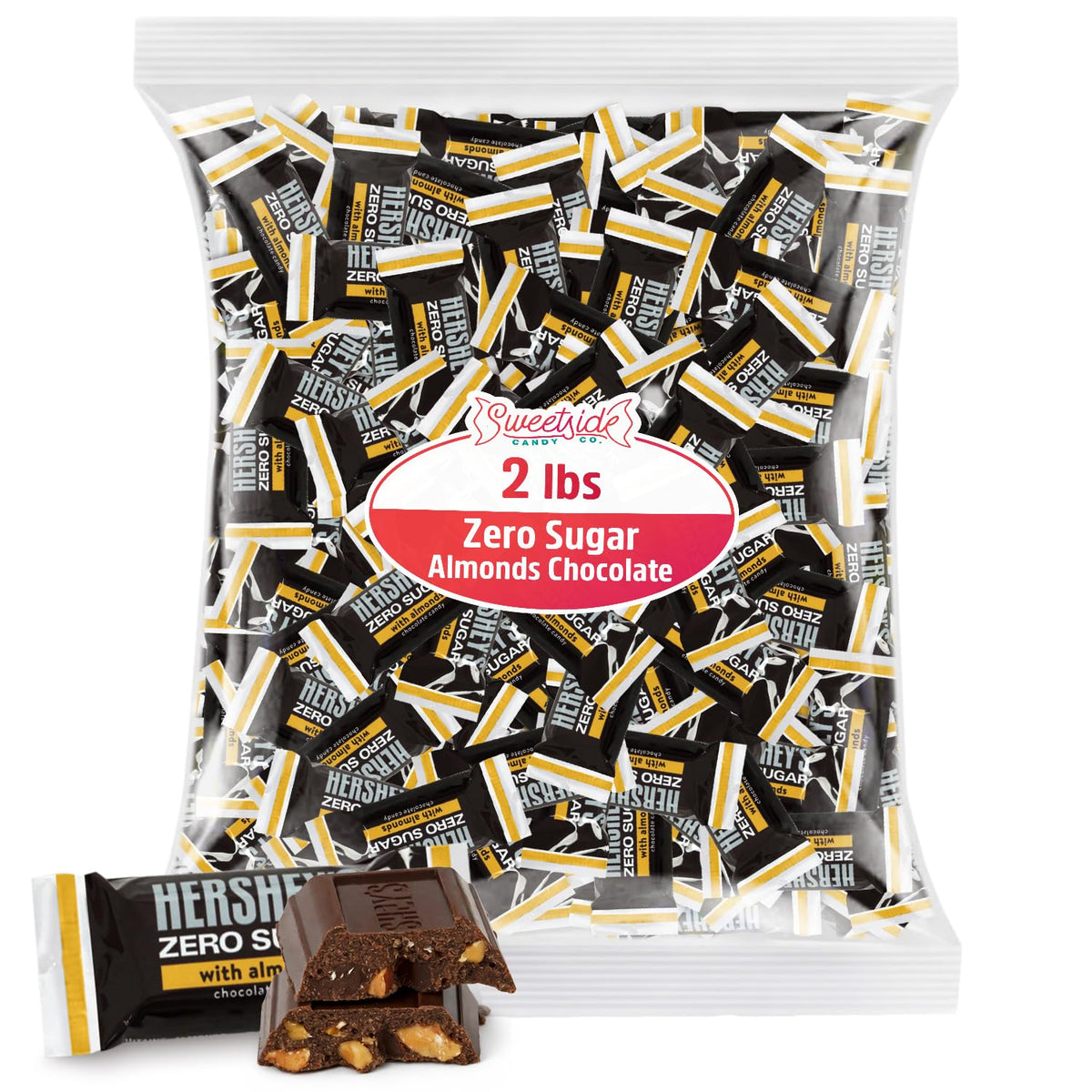 SWEETSIDE CANDY CO Zero Sugar Milk Chocolate with Almonds in a 2lb bulk bag, ready to share.