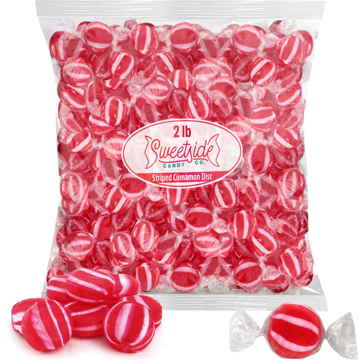 SWEETSIDE Striped Cinnamon Discs bag front showcases bold flavor for sharing.