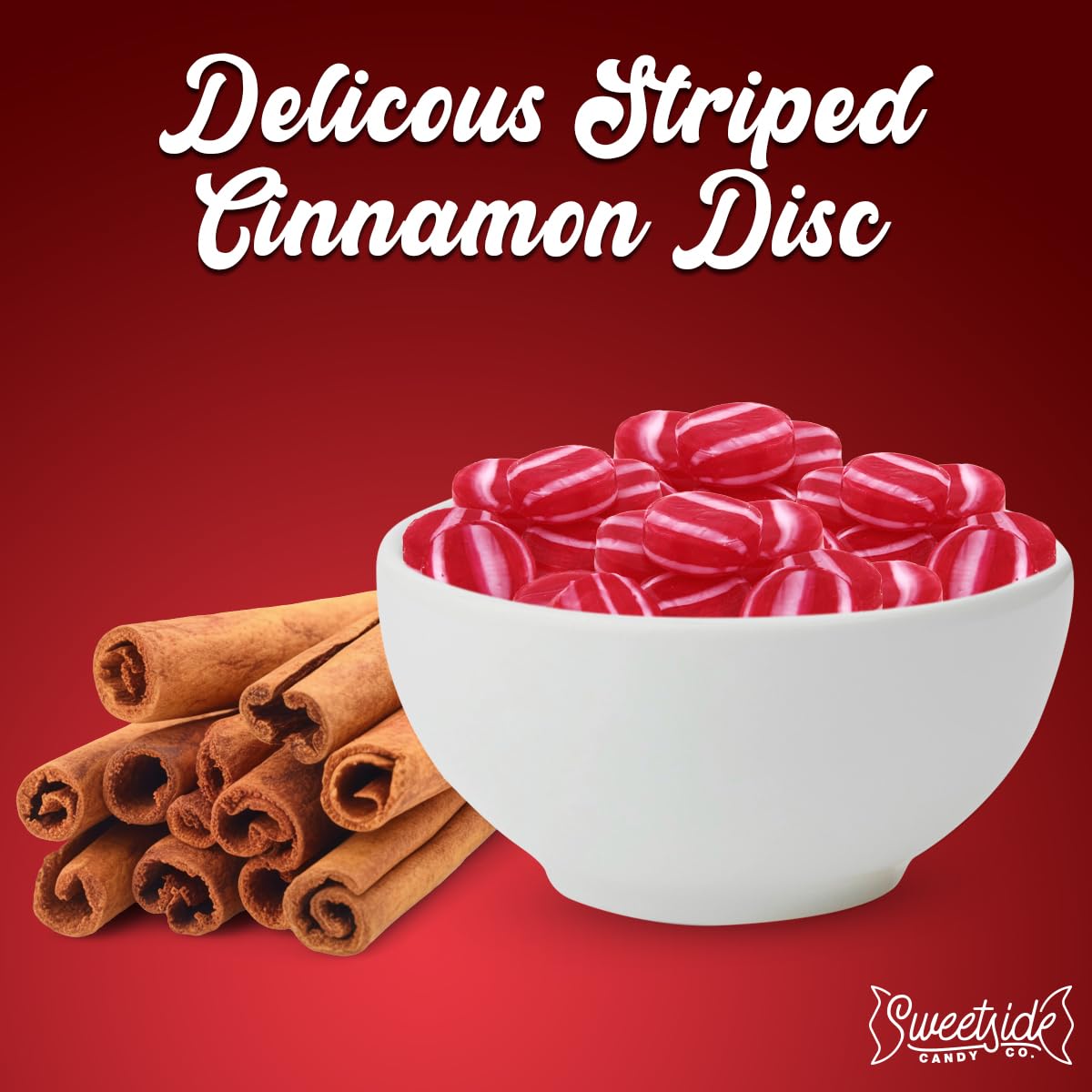SWEETSIDE Striped Cinnamon Discs closeup reveals red and white stripes for display.
