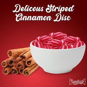 SWEETSIDE Striped Cinnamon Discs closeup reveals red and white stripes for display.