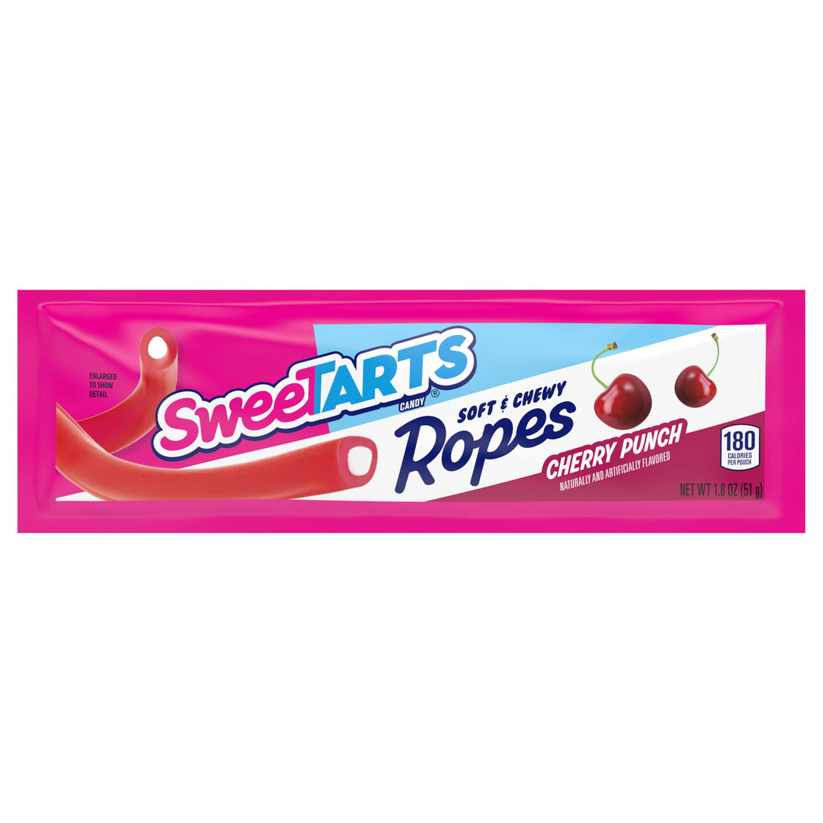 SweeTARTS Cherry Punch Rope close-up shows vivid red color and chewy texture.