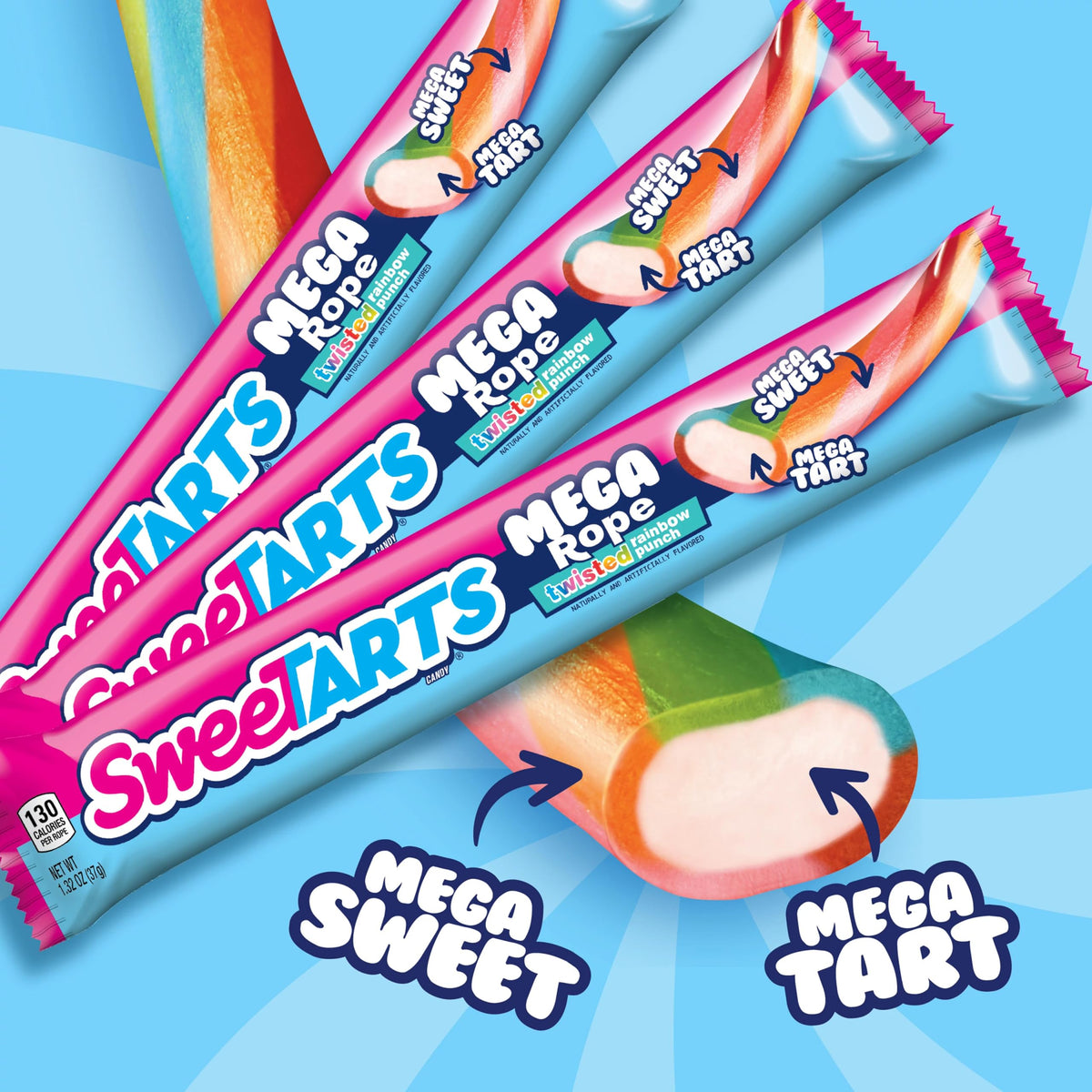 SweeTARTS Mega Rope close-up highlights bright tart center and fruity exterior.