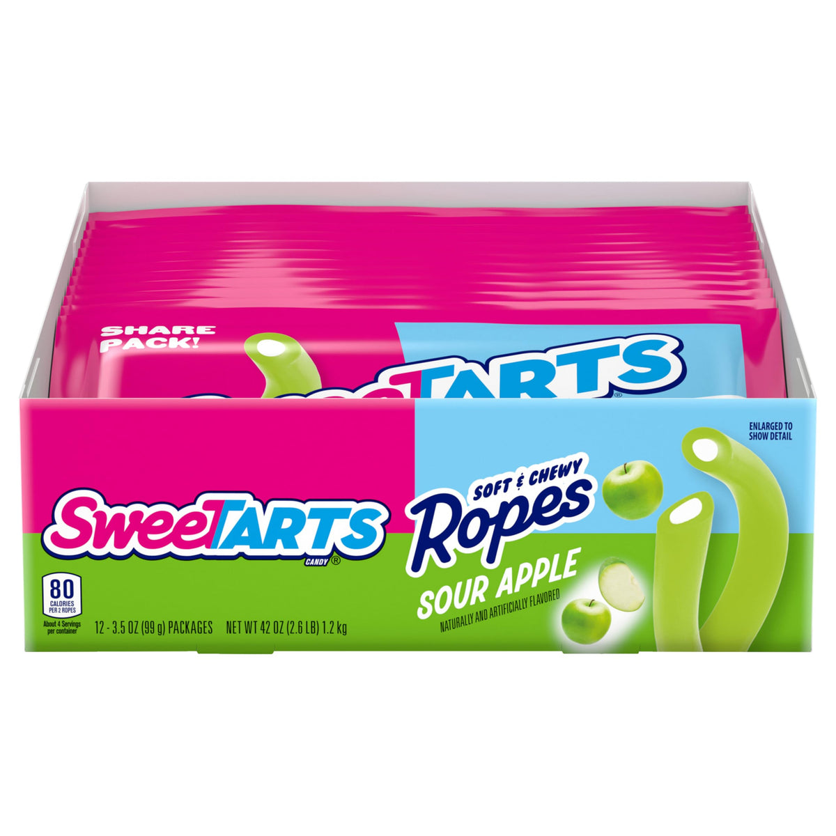 SweeTARTS Ropes Sour Apple bag front with twelve-pack display for sharing.