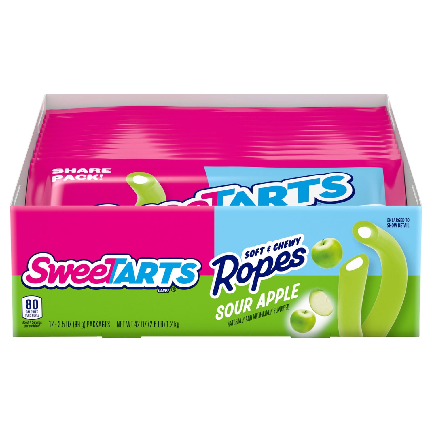 SweeTARTS Ropes Sour Apple bag front with twelve-pack display for sharing.