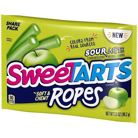 SweeTARTS Sour Apple Soft & Chewy Ropes close-up with bright colors for snacking on the go.