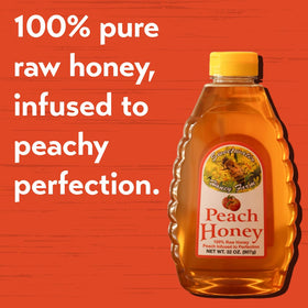 Sweetwater Creek Peach Honey being poured captures amber glow for toppings