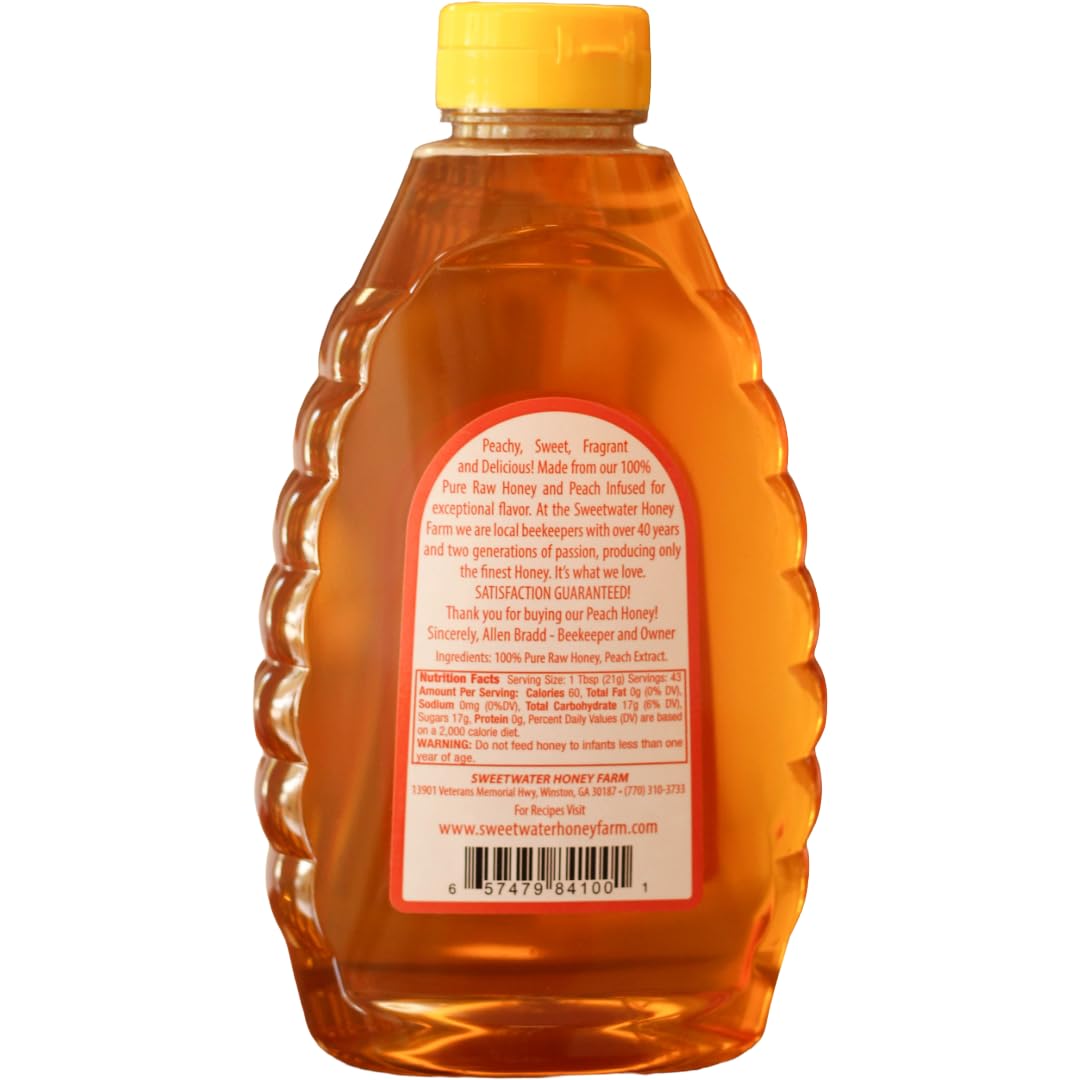 Sweetwater Creek Peach Honey on a spoon highlighting natural sweetness for breakfast