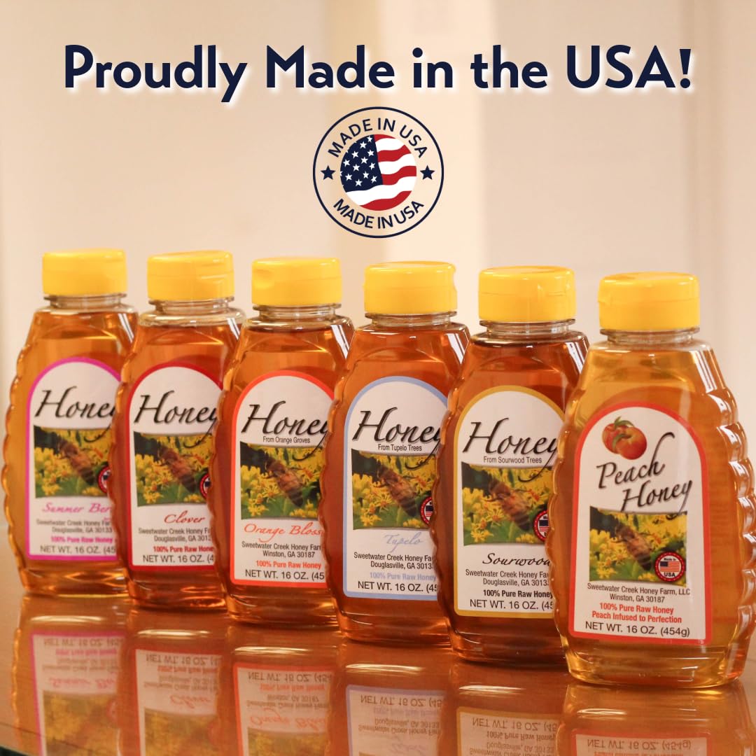 Sweetwater Creek Peach Honey squeeze-bottle ready for coffee, tea, or baking