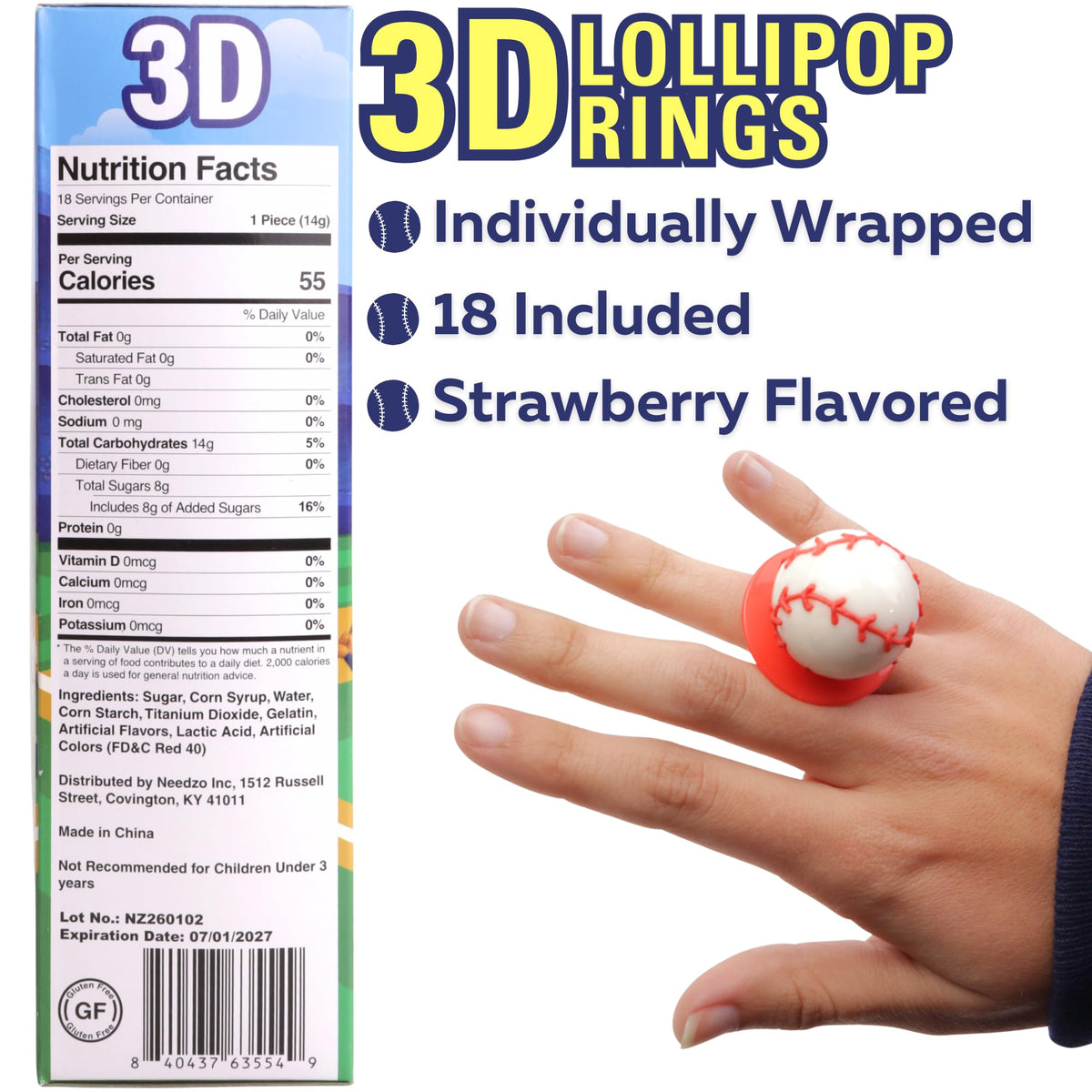 Sweetzo 3D baseball lollipop ring worn as a party accessory