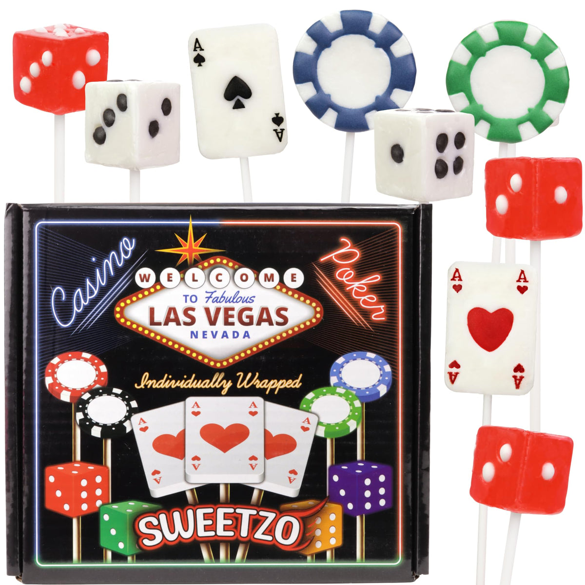 Sweetzo casino lollipops with dice design, ideal for party favors and décor.