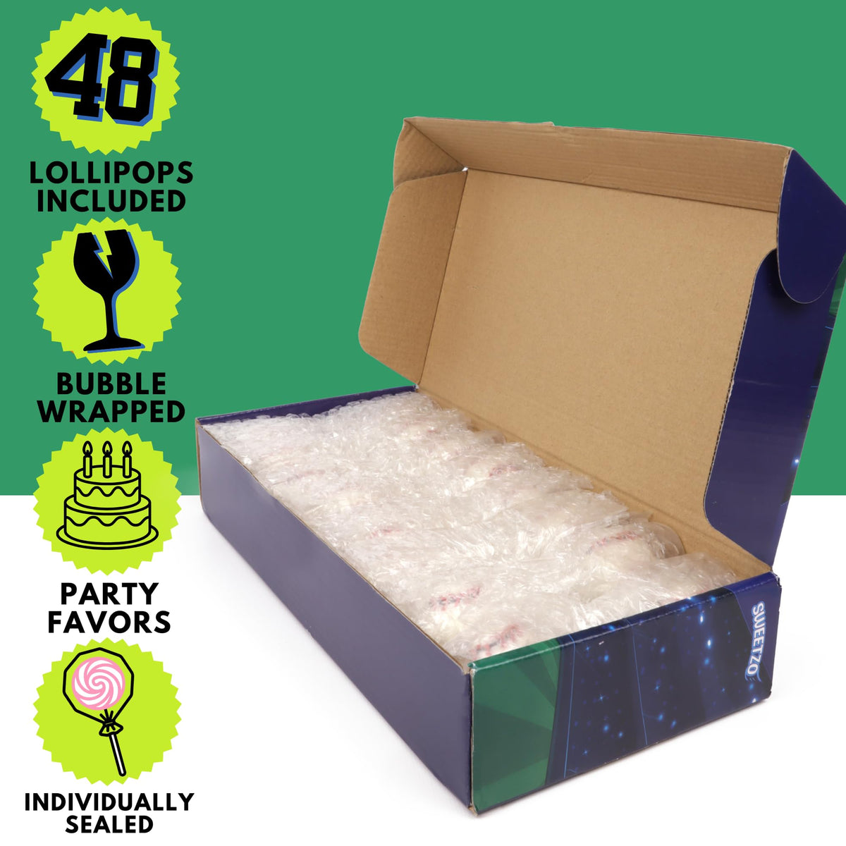 Individually wrapped Sweetzo baseball-lollipops, keeping freshness for fans.