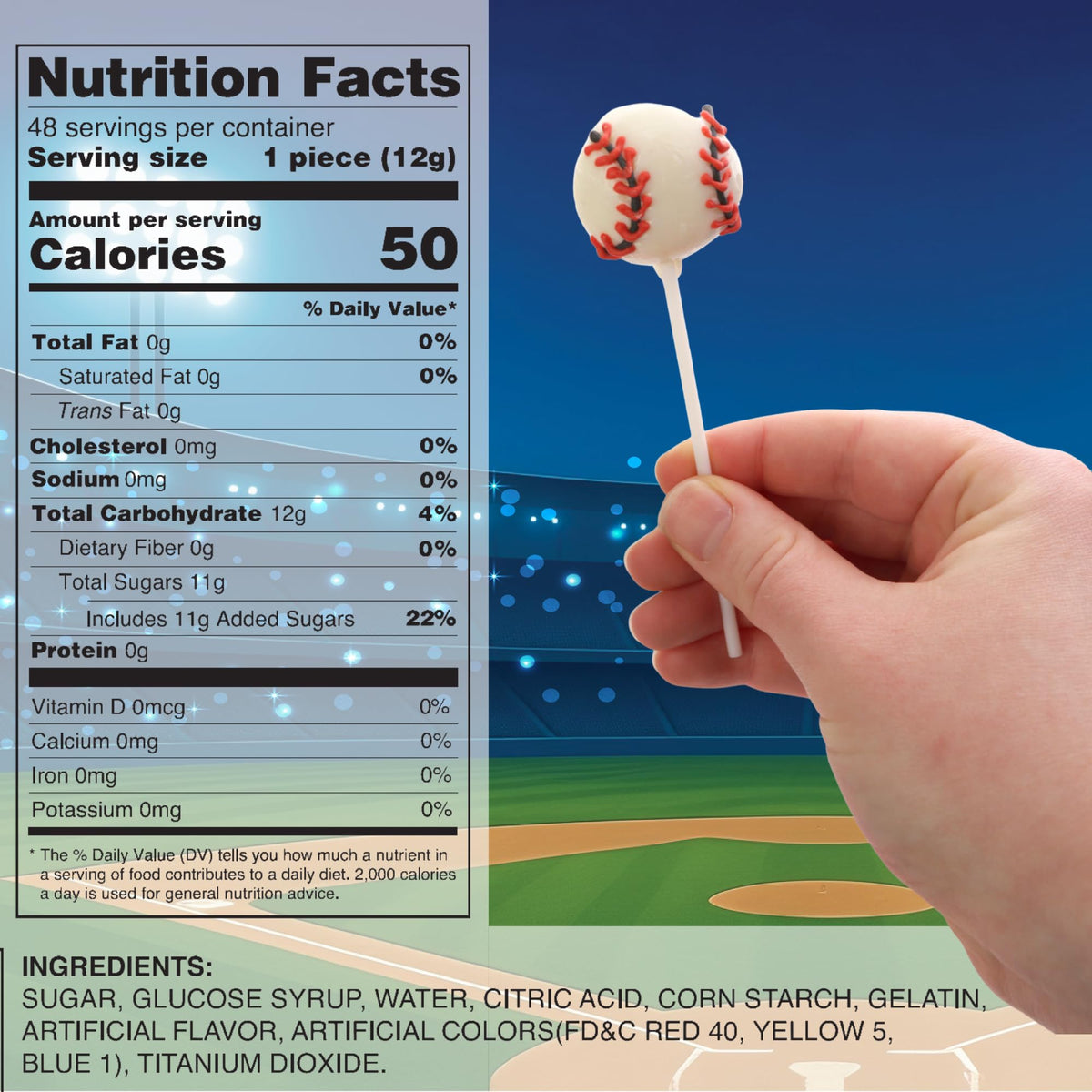 Sweetzo 48-pack baseball-lollipops, individually wrapped for easy sharing.