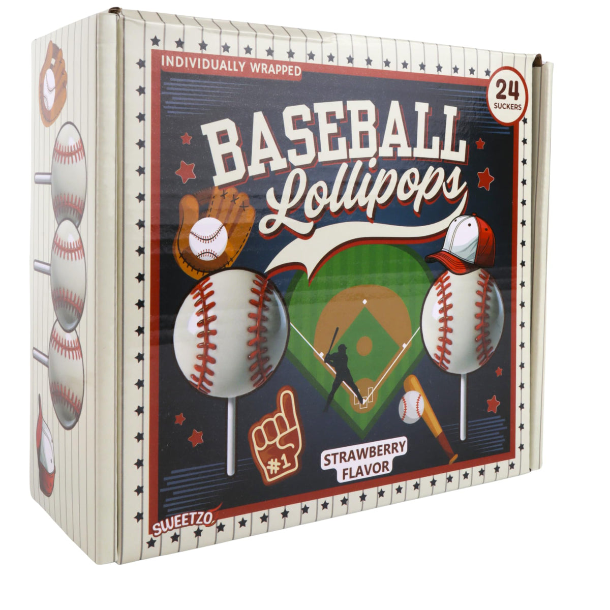 Sweetzo baseball-shaped lollipops close-up highlights baseball motif and flavor.