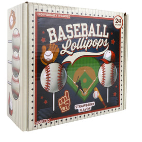 Sweetzo baseball-shaped lollipops close-up highlights baseball motif and flavor.