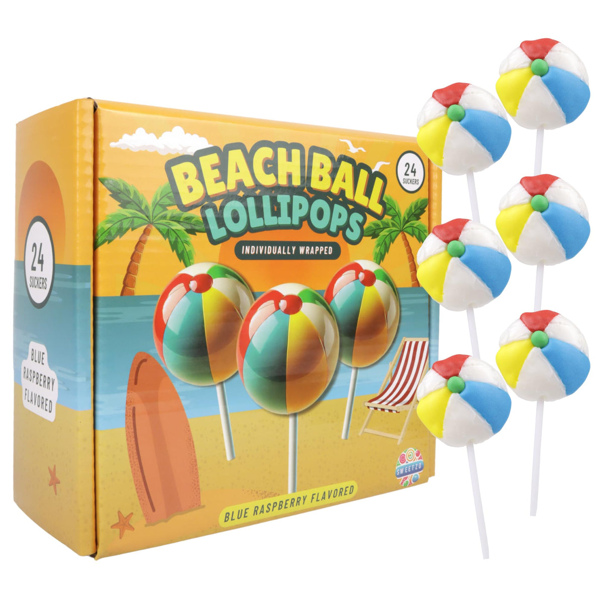 Sweetzo 24-pack of beach ball lollipops for party tables and gifting.